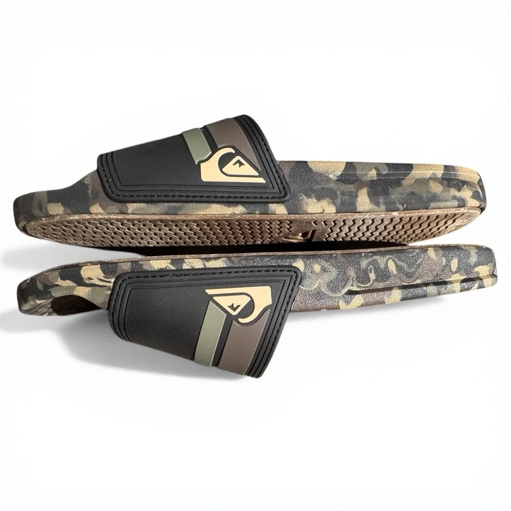Quiksilver Men's Camouflage Slide Flip Flops Black Green Breathable‎ Mens 10 EUC